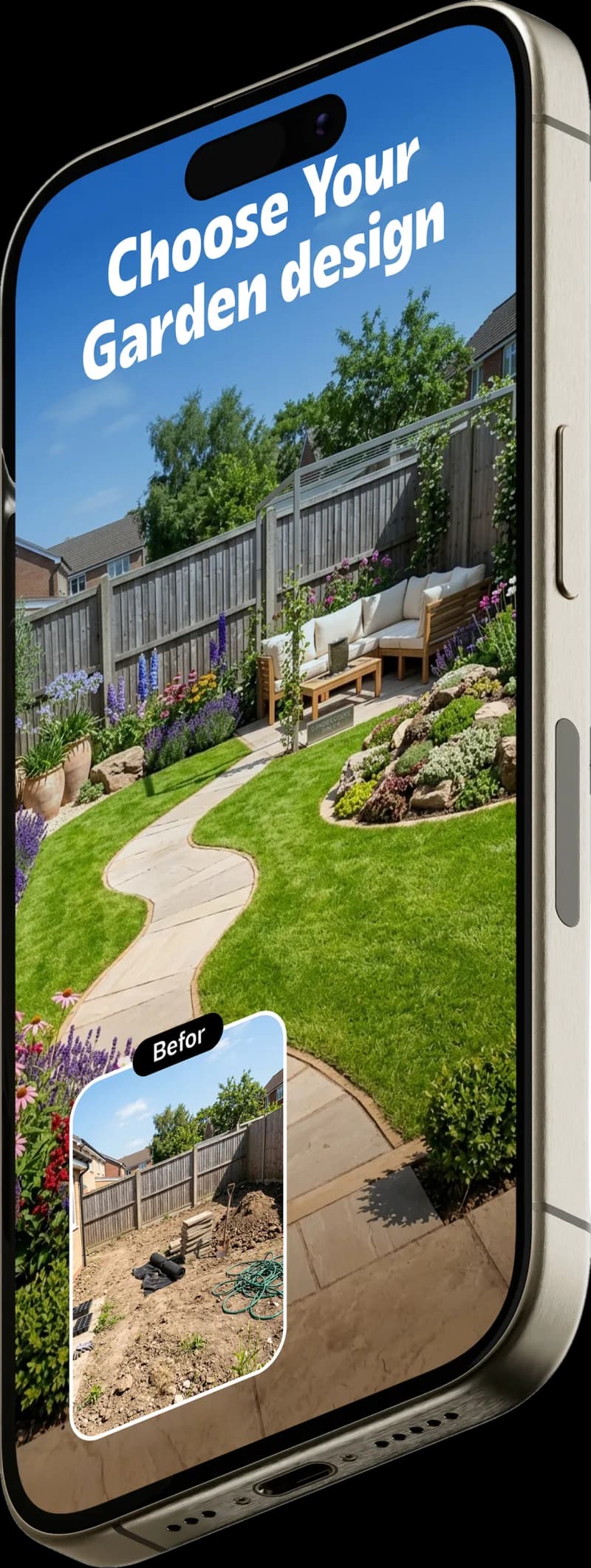 Deqolo garden design screen with a before-and-after comparison