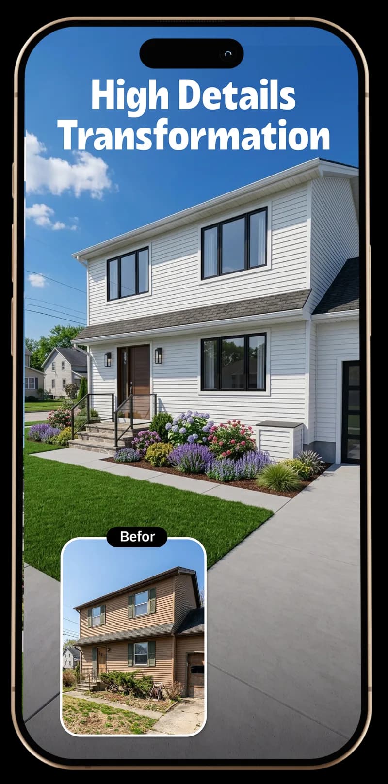 Deqolo high-detail transformation: a dated house made over, with the before shown for comparison